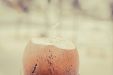 Open fresh brown coconut drink with white plastic straw isolated on tropical beach background. Organic coconut juice with selective focus coconut trees in Quang Ninh province, Vietnam.