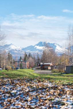 Karlı kahverengi yapraklar Anchorage, Alaska 'daki Chugach Dağı' na kadar uzanıyor. Ekim ayı başlarında Spenard Gölü yakınlarındaki otel ve konut binalarıyla yeşillik.