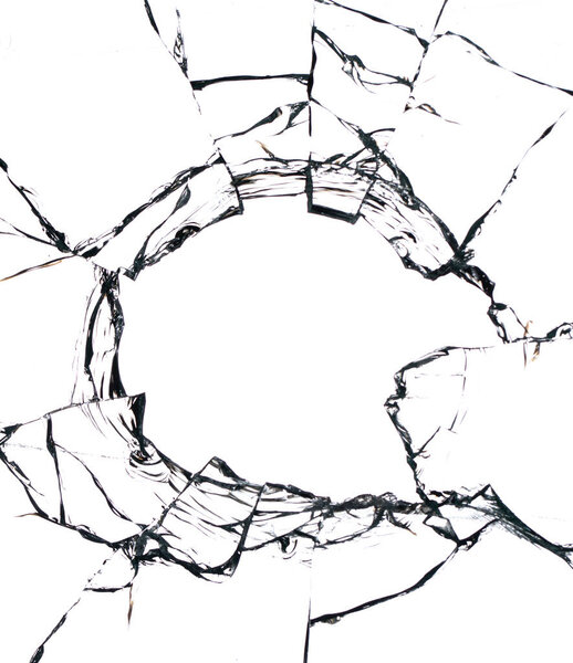 Collage of cracks in the glass, a hole from bullets in the glass on a white background. Window glass texture.