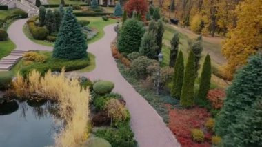 Parktaki yeşil bitkiler İngiliz tarzı bahçe. Sonbahar bahçesi.