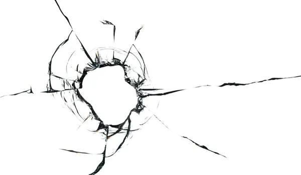 Cracks Glass Hole Bullet Black Cracks White Background Macro — Stock Photo, Image