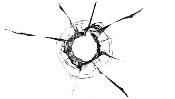 Cracks Glass Hole Bullet Black Cracks White Background Macro — Stock Photo, Image