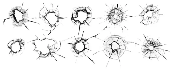Kolekcja Pęknięcia Szklance Kuli Streszczenie Tekstu Białym Tle — Zdjęcie stockowe