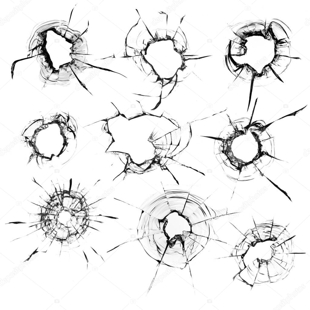 Collection, cracks in the glass from the ball. Abstract text on a white background.