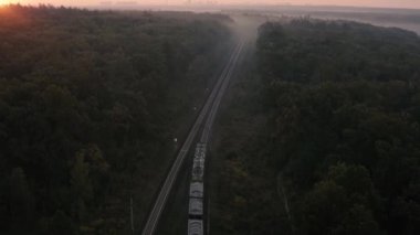 Bir yük treni ormanda yüksek hızda hareket ediyor. Hava görünümü.