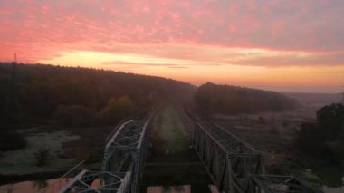 Şafak vakti kozalaklı bir ormanda tren yolu. İnsansız hava aracından görüntüle.