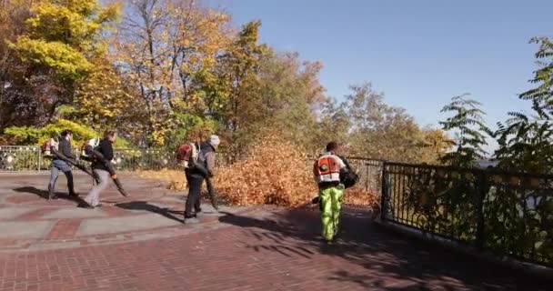 7 de novembro de 2021 Parque Nacional Mezhyhirya. : Jardineiros sopram folhas de outono no parque — Vídeo de Stock