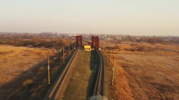 화물 열차 가 숲 속을 빠른 속도로 달리고 있습니다. 공중에서 본 광경. — 비디오
