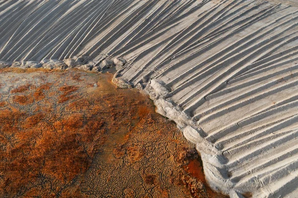 The reservoir is contaminated with chemicals and heavy metals. Drone view. Multicolored water. — Stock Photo, Image