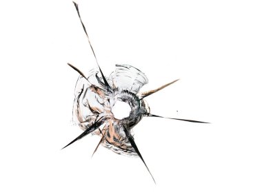 Beyaz arka planda camda kurşun deliği var. Makro.