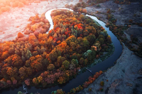 Jasny Krajobraz Kręta Rzeka Łęg Sucha Trawa Jesienny Las Świcie — Zdjęcie stockowe