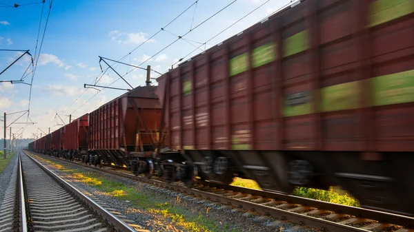 Kaynaklarla dolu bir yük treni kargoyu ormandan geçirir. Harika bir yaz manzarası. Şafak vakti çürümüş çam ağaçları.