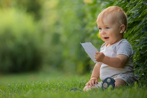 Cheerful Smiling Baby Little Boy Sitting Lawn Selective Focus — Stock Photo, Image