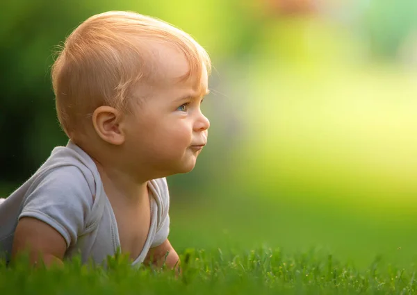 Little Happy Boy Green Grass House Selective Focus — Fotografia de Stock