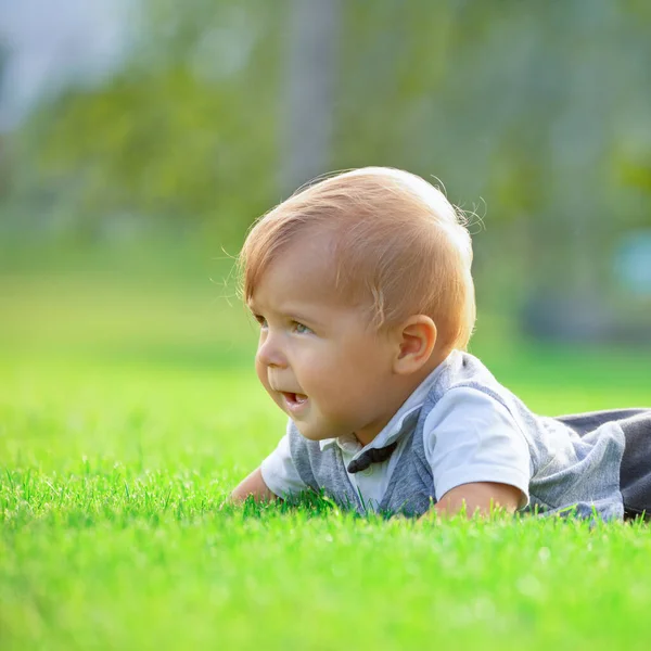 Cheerful Smiling Baby Little Boy Sitting Lawn Selective Focus — Stock Photo, Image