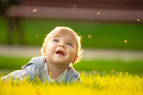 Happy Child Outdoors Enjoying Warm Summer Day Green Lawn Cottage — Fotografia de Stock