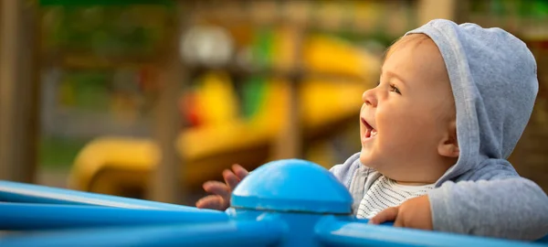 Swings Playground Little Boy Having Fun Spinning Carousel — Stock Photo, Image