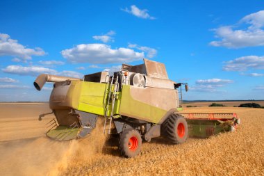 Ukrainian grain harvest. A combine harvester in the field collects wheat or barley. Aerial view of an agricultural field. Wonderful summer rural landscape.