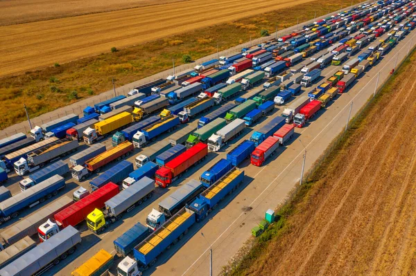 A huge queue of trucks with provisions, near the Ukrainian port in the Black Sea, as a result of the Russian military blockade of Ukraine.