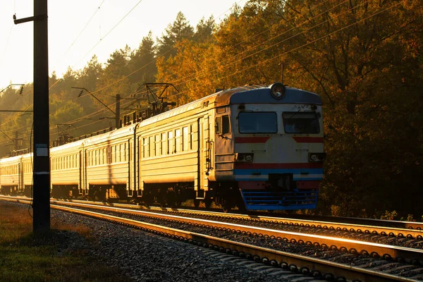 Old Passenger Train Moves Forest Dawn Travel Railway Autumn Industrial — Foto de Stock