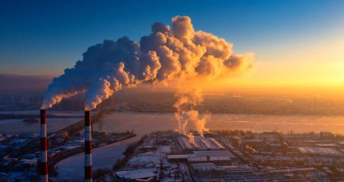 Bulutların üstündeki bitki borusu. Üst atmosfere zararlı emisyonlar. Karbon yakıtının yanması sonucu iklim değişikliği.