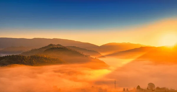 Herbstliche Berglandschaft Ein Wunderbarer Nebliger Morgen Gelbe Blätter Von Bäumen — Stockfoto