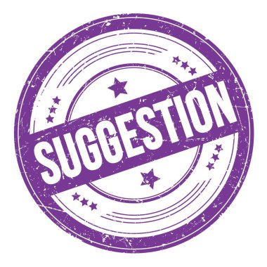 Menekşe çivit üzerine SUGGESTION metin yuvarlak kirli doku damgası.