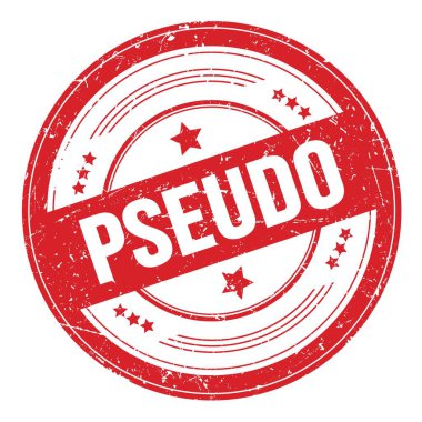 Kırmızı yuvarlak grungy doku damgası üzerine PSEUDO metni.