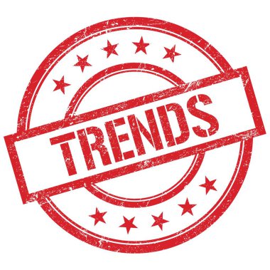 Kırmızı yuvarlak vintage kauçuk damgalı TRENDS metni.