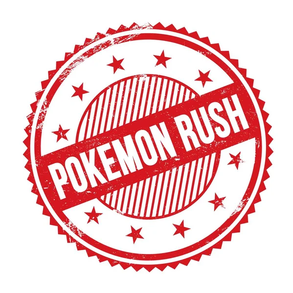 Pokemon Rush Szöveg Írt Piros Grungy Cikcakkos Szegélyek Kerek Bélyeg — Stock Fotó