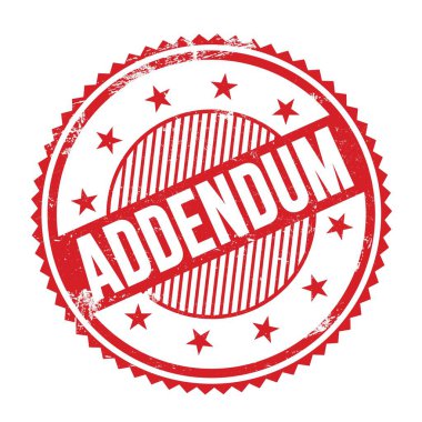 Kırmızı grungy zig zag kenarlarında yazılmış ADDENDUM metni pul yuvarlak.