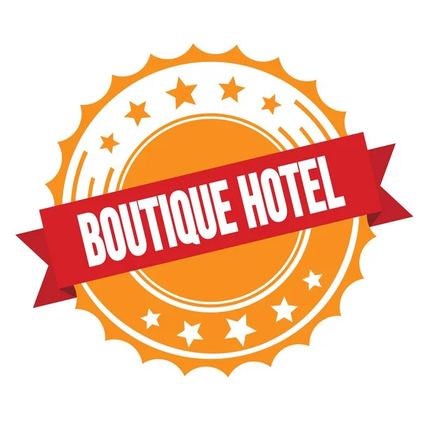 Boutique Hotel Texte Sur Ruban Rouge Orange Timbre Insigne — Photo