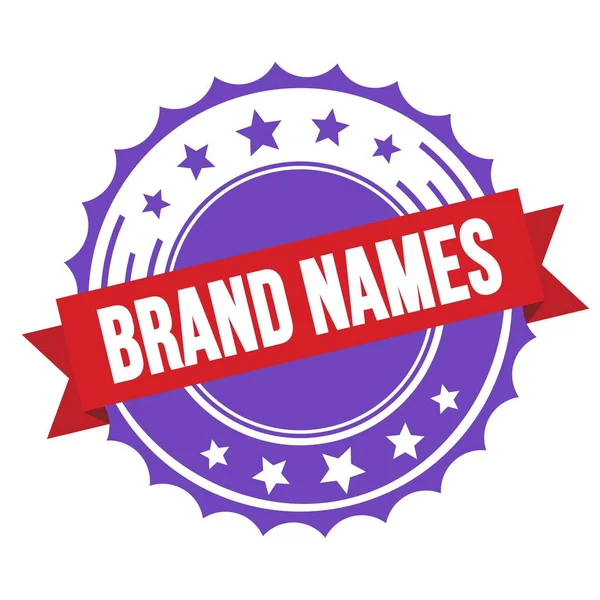 Brand Names Text Auf Rotem Violettem Band Abzeichen Stempel — Stockfoto