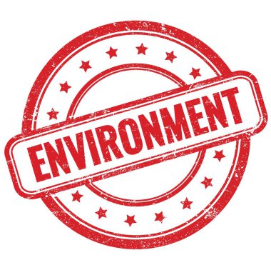 Kırmızı vintage grungy yuvarlak kauçuk damga üzerinde ENVIRONMENT metin.