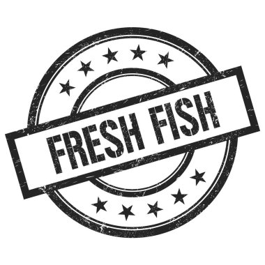 FRESH FISH metin siyah yuvarlak vintage kauçuk damga üzerine yazılmış.