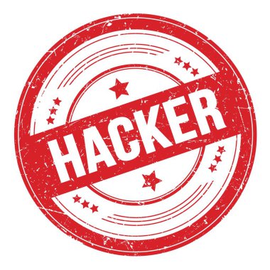 Kırmızı yuvarlak grungy doku damgası üzerine HACKER metni.