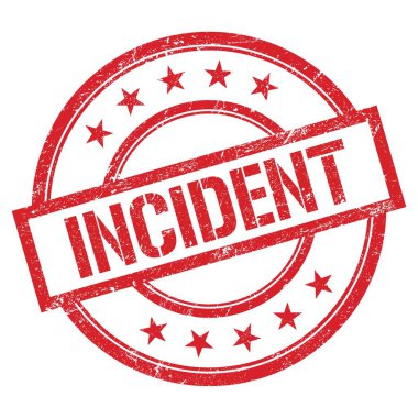 Kırmızı yuvarlak vintage kauçuk damga üzerine yazılmış olay metni.