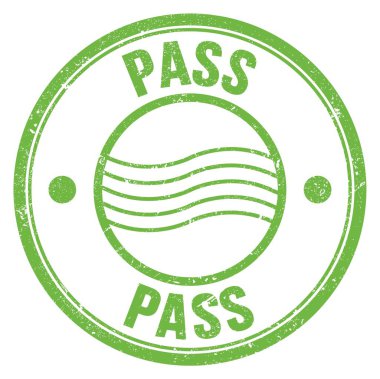 Yeşil yuvarlak posta pulu işareti üzerine yazılmış PASS kelimesi