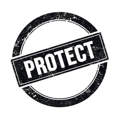 Siyah grungy yuvarlak vintage pulu üzerine PROTECT metni.