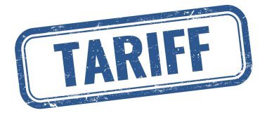 Mavi grungy vintage dikdörtgen damgalı TARIFF metni.