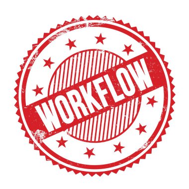 WorKFLOW metni kırmızı grungy zig zag kenarları yuvarlak pul üzerine yazılmış.