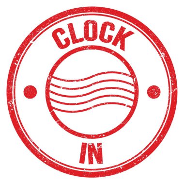 Kırmızı yuvarlak posta puluna yazılmış CLOCK IN metni