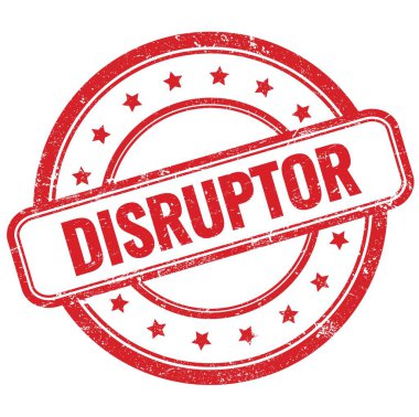 Kırmızı, eski, pasaklı, yuvarlak kauçuk damga üzerine Disrupt metni.