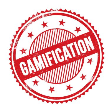 Kırmızı grungy zig zag kenarlarında yazılmış GAMIFICATION metni yuvarlak pul.
