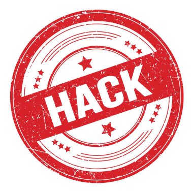 Kırmızı yuvarlak grungy doku damgası üzerine hack metni.