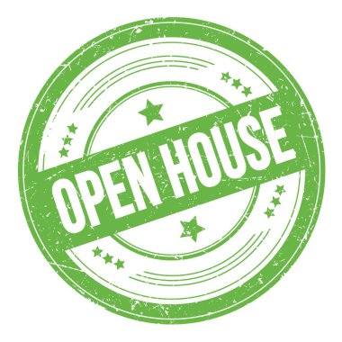 Yeşil yuvarlak, kirli desen damgası üzerine açık ev metni.