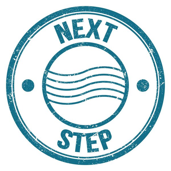 NEXT STEP text written on blue round postal stamp sign