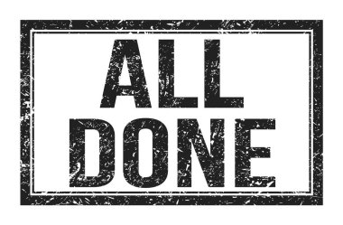 Hepsi bitti, siyah dikdörtgen damga işareti üzerine yazılan kelimeler