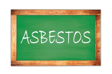 ASBESTOS metni yeşil ahşap çerçeve okul tahtasına yazılmış.