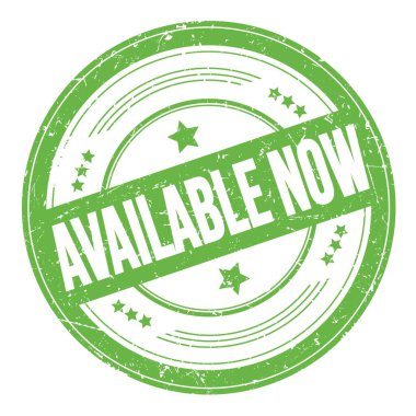 AVAILABLE Şimdi yeşil yuvarlak dokuma damgası üzerine metin.